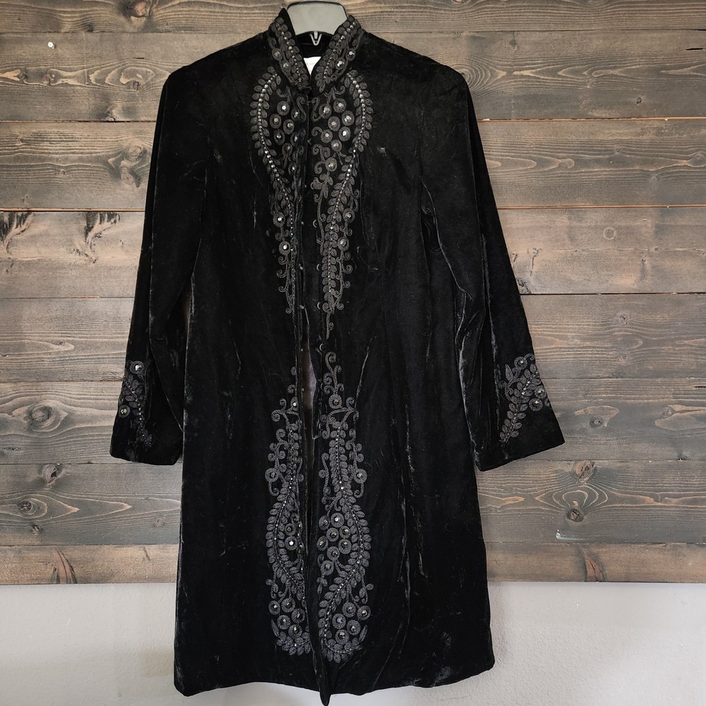 Soft Surroundings Black Velvet Embroidered Topper Jacket M Long Coat Boho Beaded